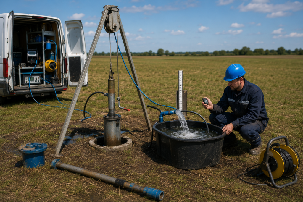 Pracovník v modré přilbě testuje kvalitu vody u hydrogeologických vrtů na poli pomocí přístrojů z dodávky. Pod jasně modrou oblohou teče voda do velké černé vany vedle měřicích přístrojů a trubek.