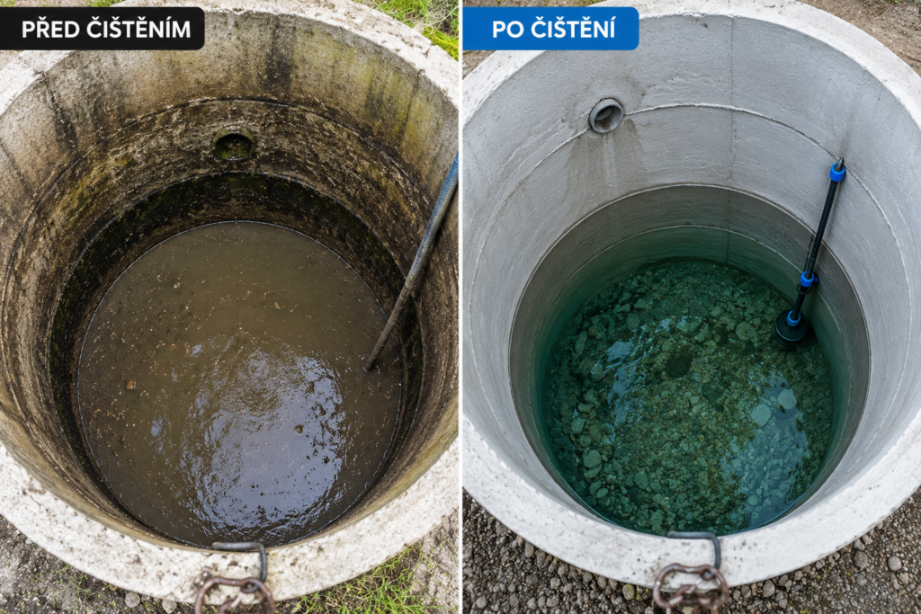 Porovnání vrtané studny před a po vyčištění: na levé straně je vidět kalná, špinavá voda, zatímco na pravé straně je voda čirá. Na českých štítcích je napsáno „Před čištěním“ (před) a „Po čištění“ (po).