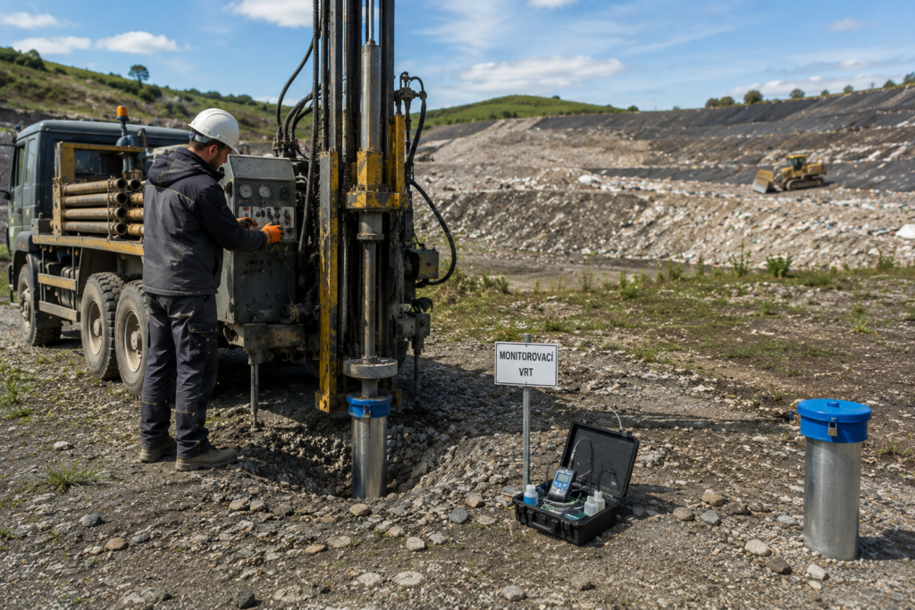 Pracovník v ochranném oděvu obsluhuje vrtné zařízení vedle monitorovacího vrtu na skalnatém terénu, přičemž se soustředí na hydrogeologické vrty. V blízkosti stojí nákladní vozidlo a měřicí přístroje, v pozadí je vidět skládka a stavební stroje.