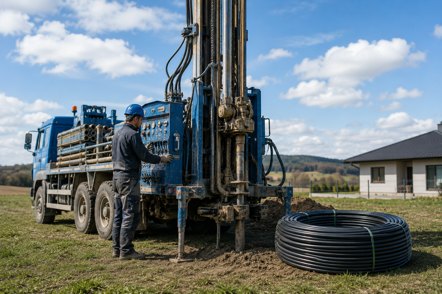 Pracovník v modré přilbě obsluhuje vrtnou soupravu pro hydrogeologické vrty, která je namontována na modrém nákladním voze na travnatém poli; poblíž leží svinuté trubky a v pozadí je vidět moderní dům pod částečně zataženou oblohou.
