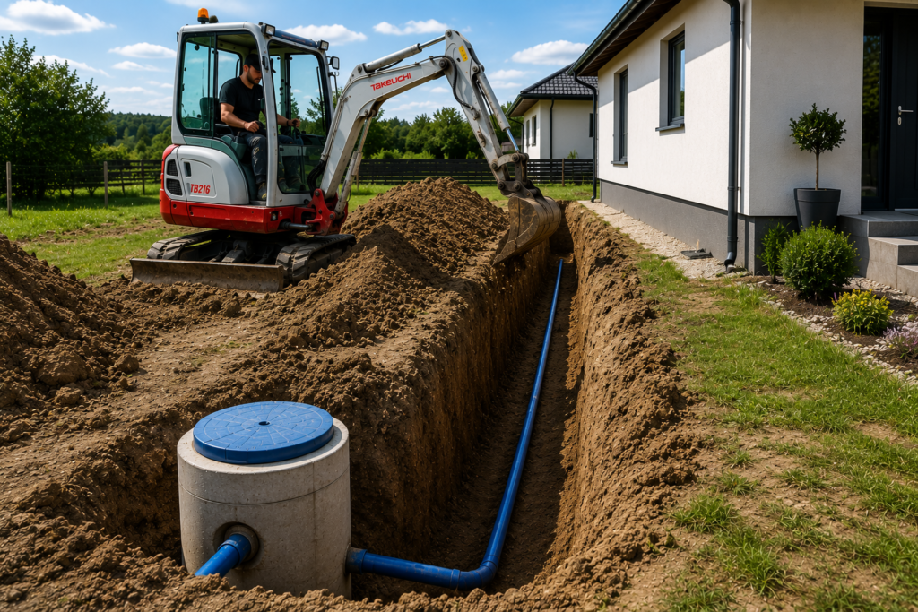 Člověk obsluhuje malé rypadlo a kopá příkop vedle domu, přičemž odkrývá modrou trubku a betonový přístupový otvor – pravděpodobně součást instalace vrtané studny nebo odvodňovacího systému – za slunečného dne.